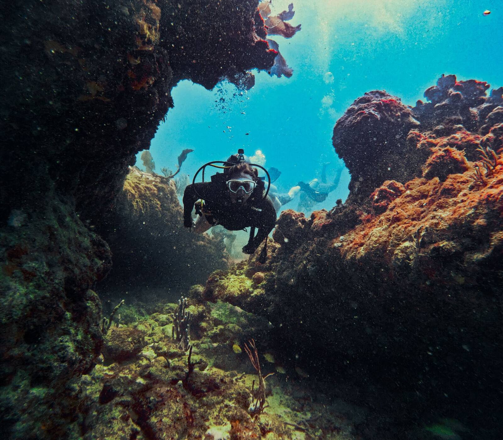 Buzo bajo un arco de coral en el arrecife de la Riviera Maya
